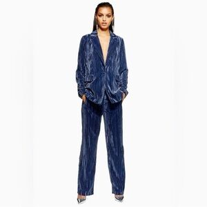 Topshop Crinkled Velvet Suit Matching Blazer & Trousers Wide Leg Blue Size 4 NWT